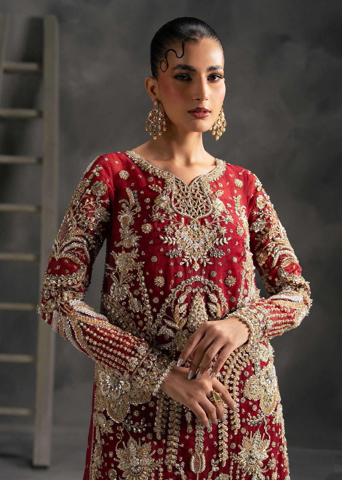 Scarlet Rose crimson red long shirt suit, reference outfit photograph 8 — Made by Mairaz reproduction