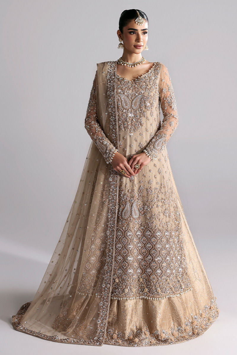 Shira, made by MAIRAZ — full-length front view of the beige net shirt, jamawar lehenga and dupatta
