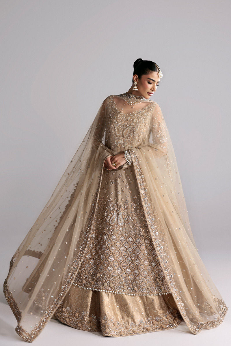 Shira, made by MAIRAZ — full-length angled view showing the spread dupatta and lehenga border