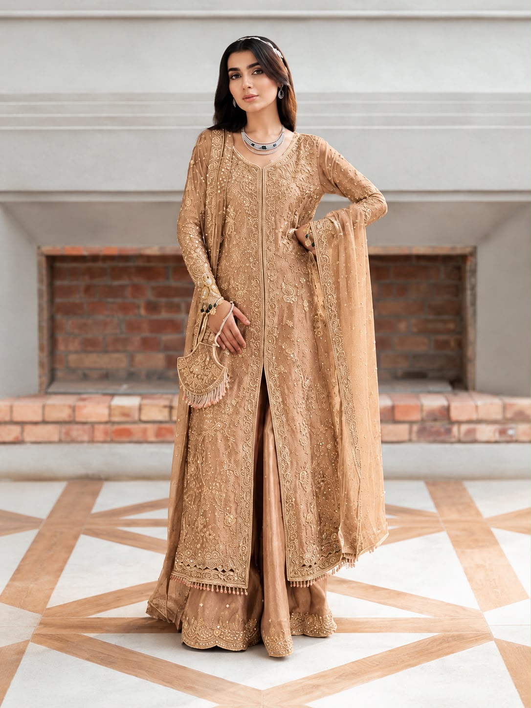 Sien style caramel beige full-length front-open shirt, flared trousers and dupatta