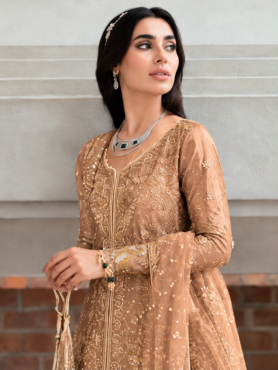 Sien style caramel beige formal dress neckline, embroidered sleeve and embellishment close-up