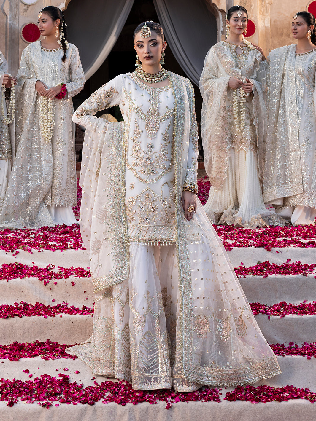 Sj 26170, made by MAIRAZ — full-length front view of the white embellished shirt, gharara and dupatta
