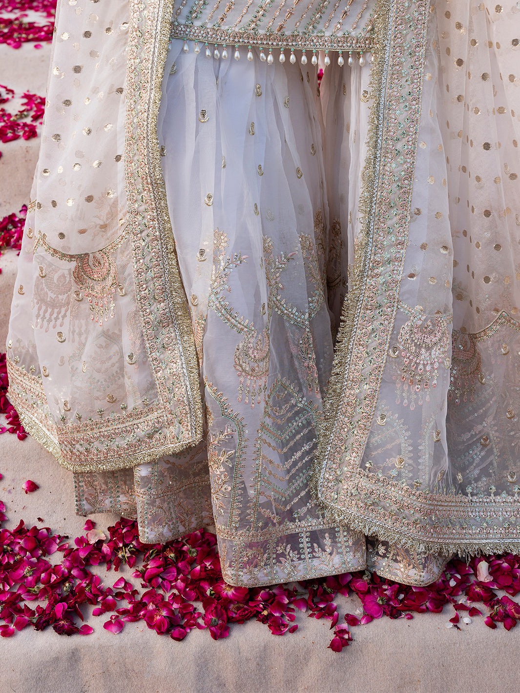 Sj 26170, made by MAIRAZ — close-up of the gharara panels and embroidered dupatta border