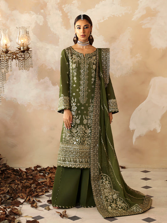 Sohina, made by MAIRAZ — full-length front view of the green shirt, trousers and embroidered dupatta