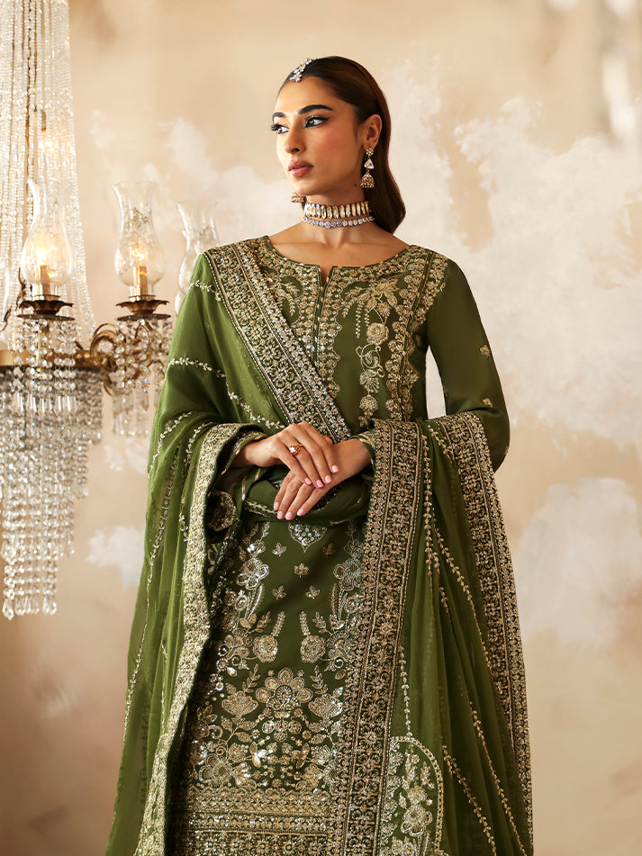 Sohina, made by MAIRAZ — front detail showing shirt embroidery and dupatta motifs