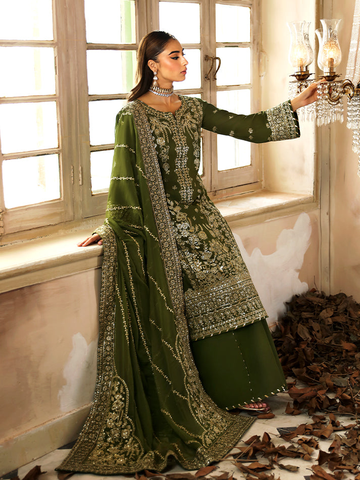 Sohina, made by MAIRAZ — angled full-length view showing the dupatta border and sleeve details