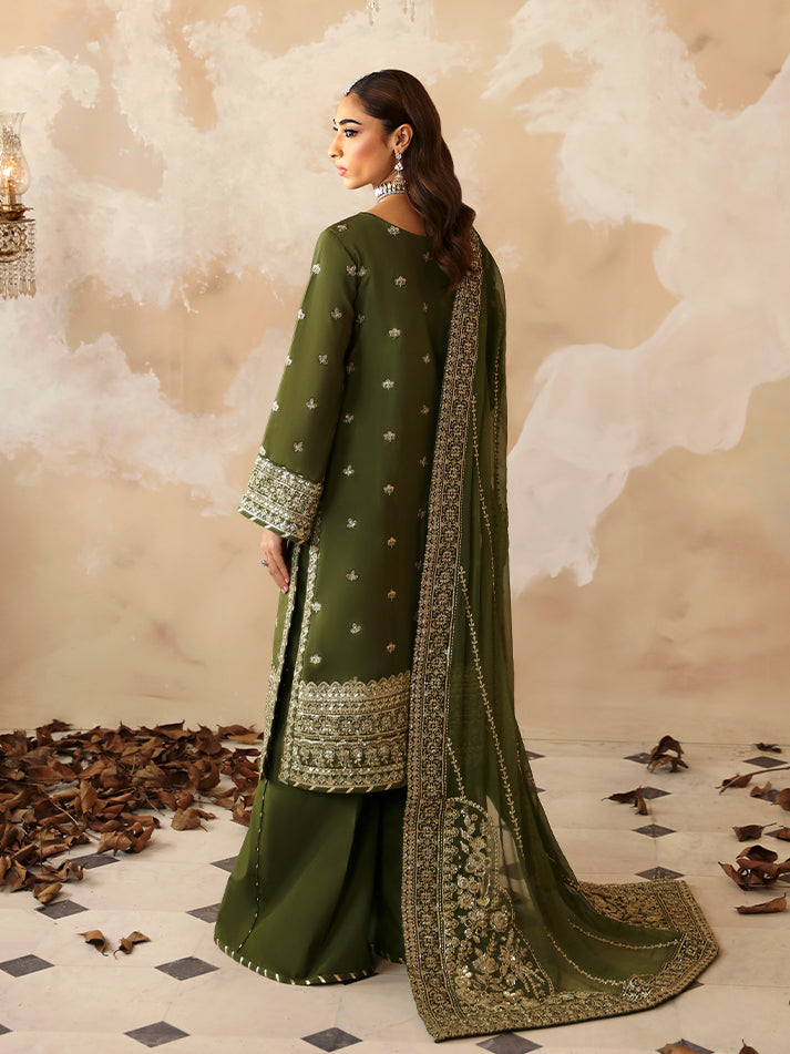 Sohina, made by MAIRAZ — back view showing shirt motifs and trailing dupatta
