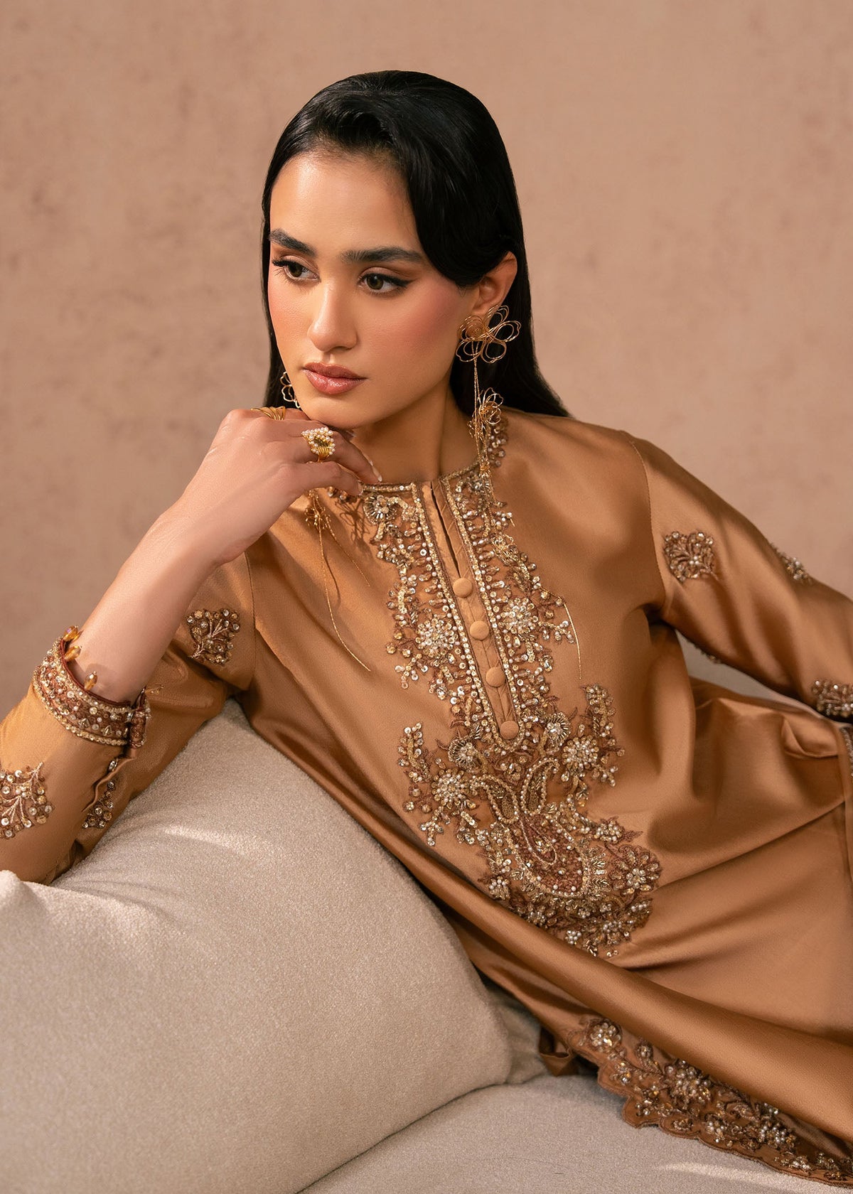 Soleia mocha shirt suit, reference outfit photograph 7 — Made by Mairaz reproduction