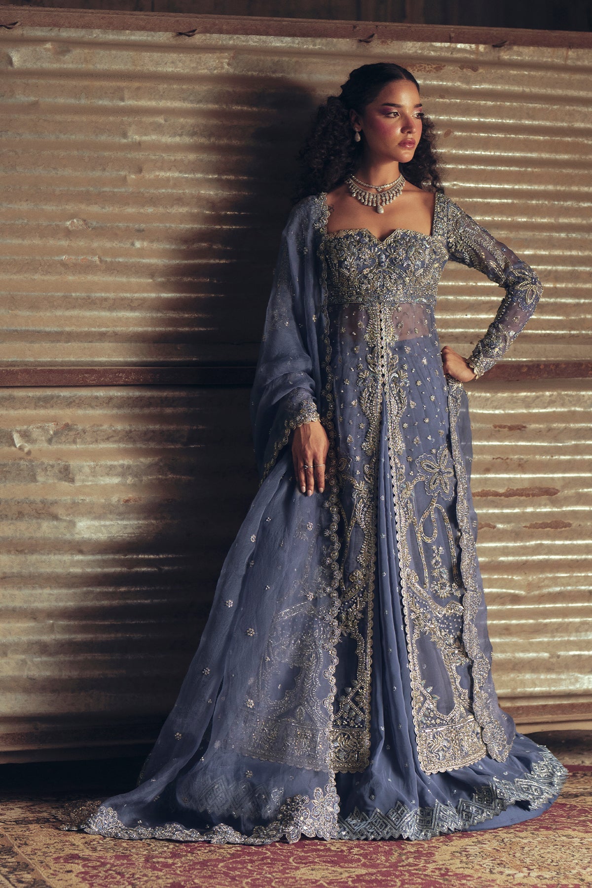 Solene, made by MAIRAZ — full-length front view of the blue-grey organza shirt, lehenga and dupatta