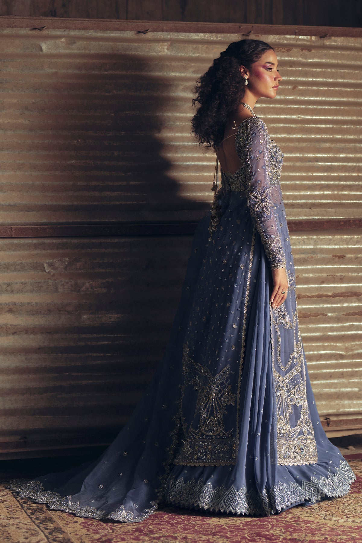 Solene, made by MAIRAZ — full-length side view showing the long shirt and lehenga silhouette