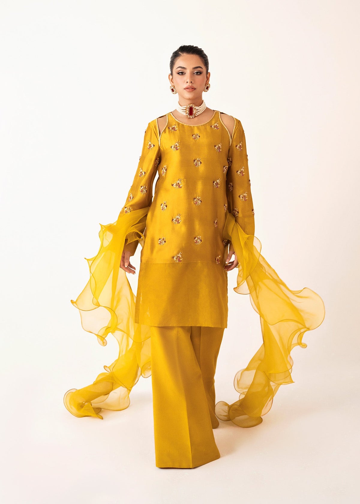 Sunshine gold shirt suit, reference outfit photograph 1 — Made by Mairaz reproduction