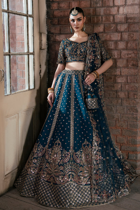Tabassum, made by MAIRAZ — deep teal lehenga choli, full-length front view