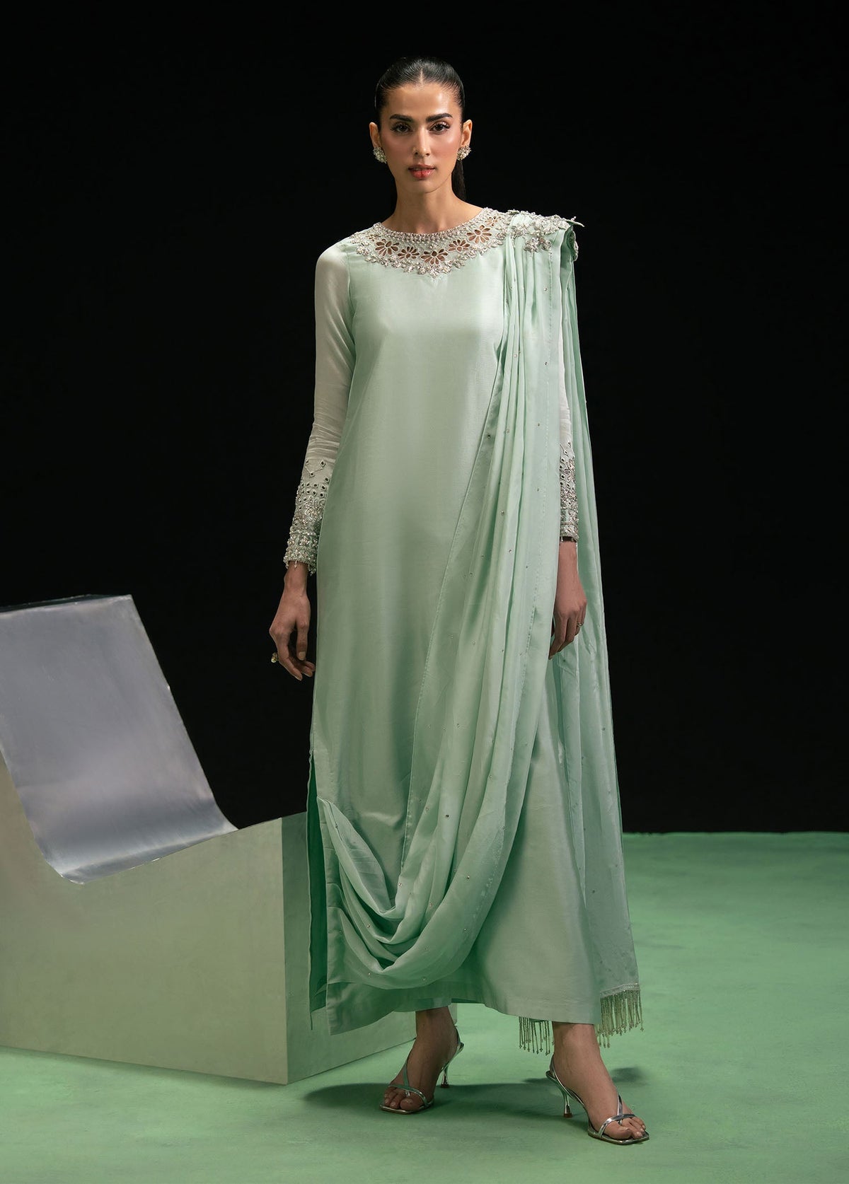 Triana dust mint green draped shirt suit, reference outfit photograph 1 — Made by Mairaz reproduction