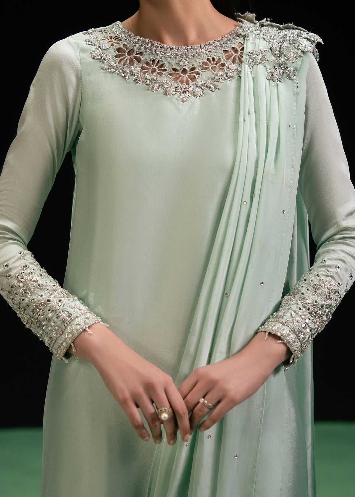 Triana dust mint green draped shirt suit, reference outfit photograph 2 — Made by Mairaz reproduction