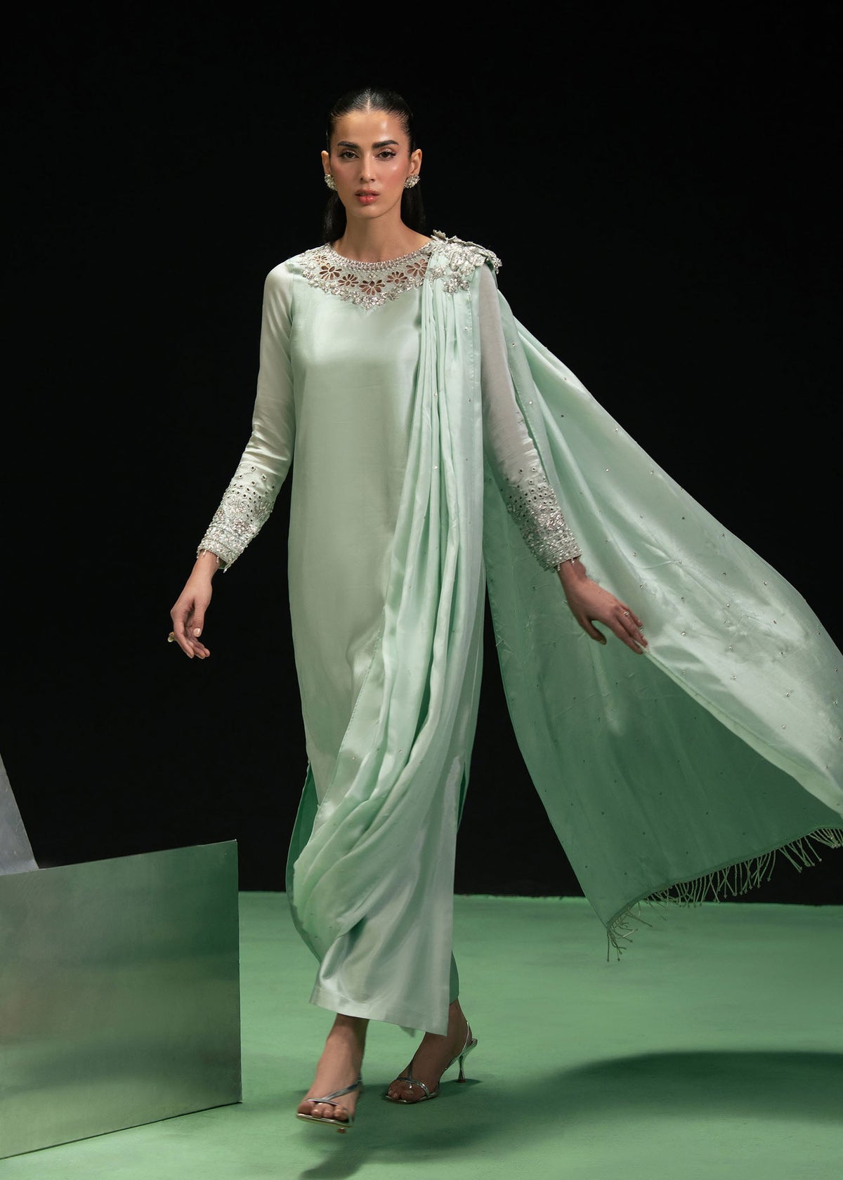 Triana dust mint green draped shirt suit, reference outfit photograph 3 — Made by Mairaz reproduction
