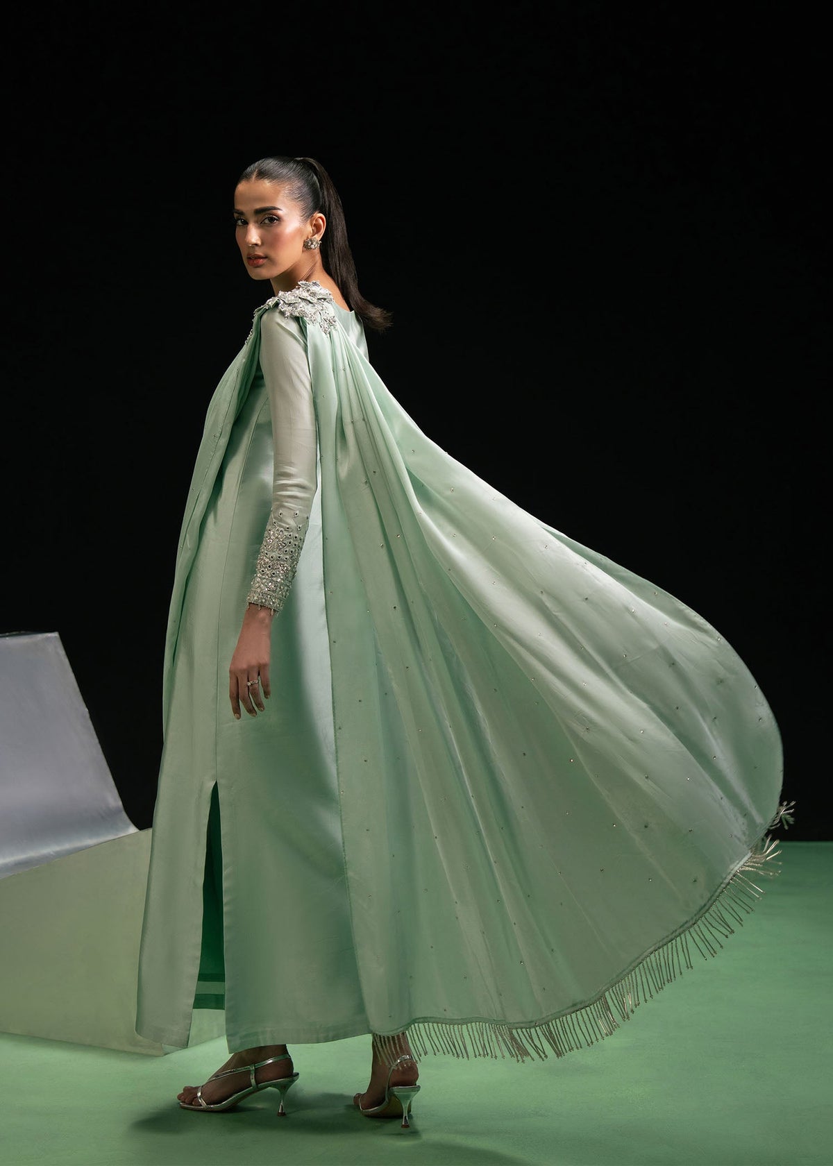 Triana dust mint green draped shirt suit, reference outfit photograph 4 — Made by Mairaz reproduction