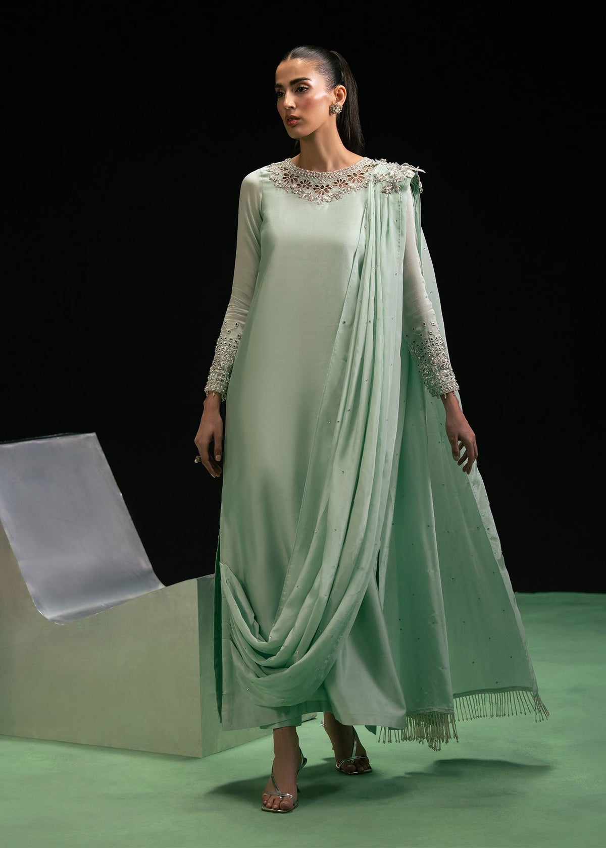 Triana dust mint green draped shirt suit, reference outfit photograph 5 — Made by Mairaz reproduction