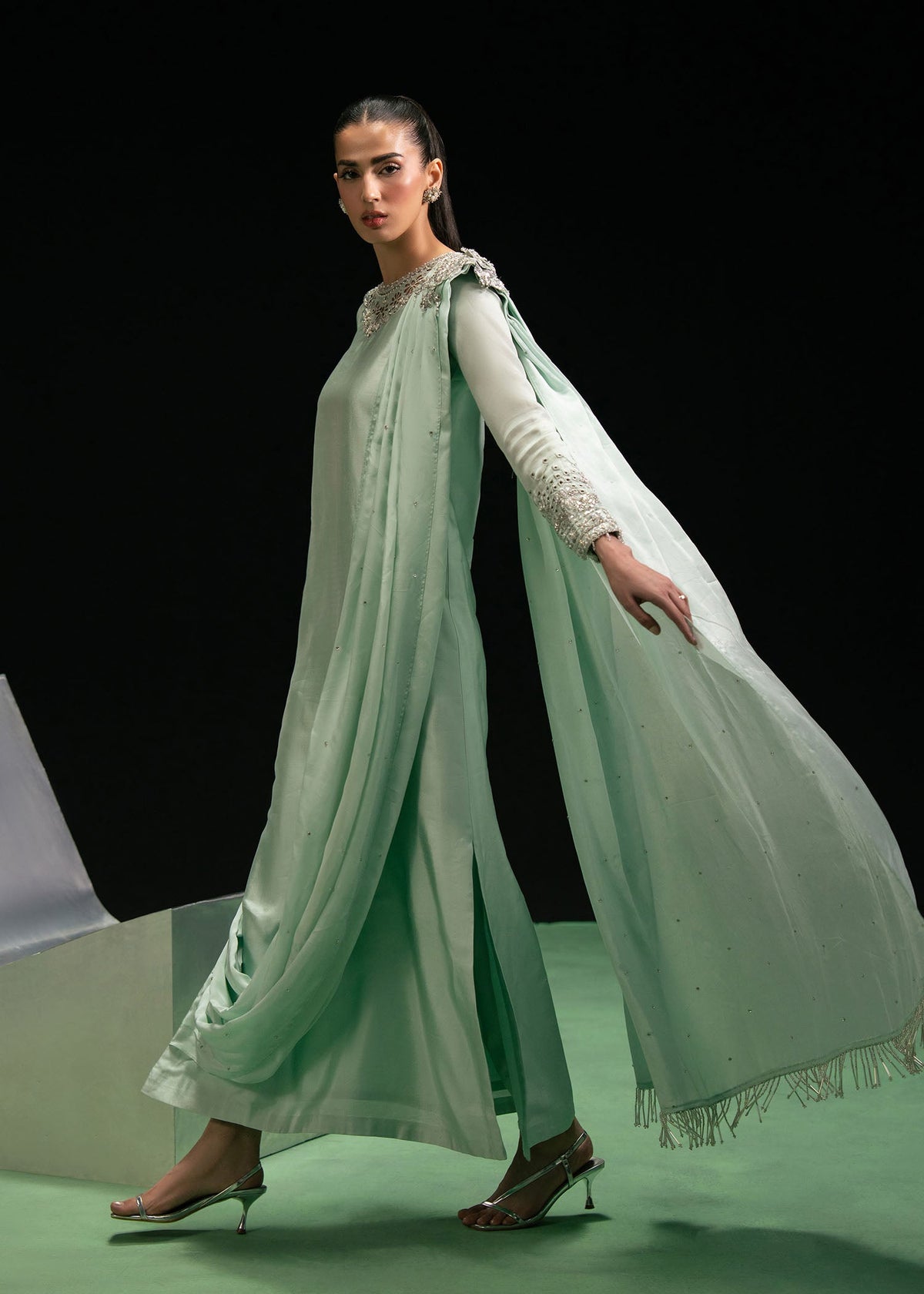 Triana dust mint green draped shirt suit, reference outfit photograph 6 — Made by Mairaz reproduction