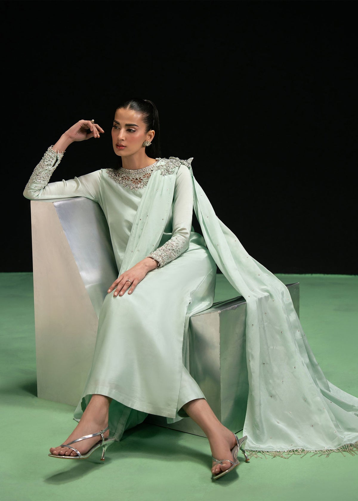 Triana dust mint green draped shirt suit, reference outfit photograph 7 — Made by Mairaz reproduction