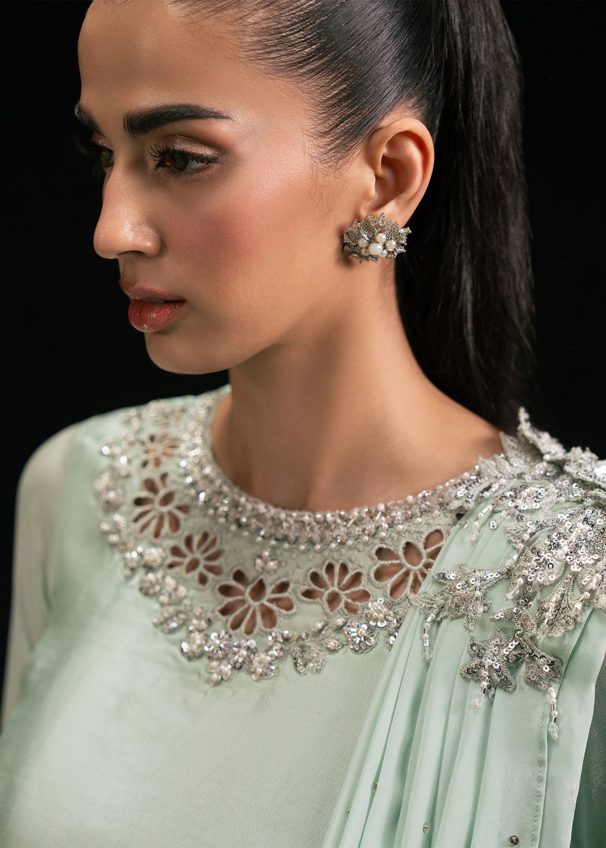 Triana dust mint green draped shirt suit, reference outfit photograph 8 — Made by Mairaz reproduction