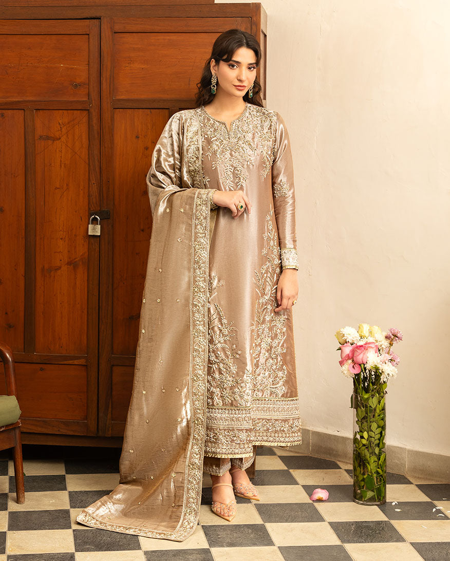Uswah, made by MAIRAZ — full-length front view of the dark-beige lama-silk-style shirt, trousers and dupatta
