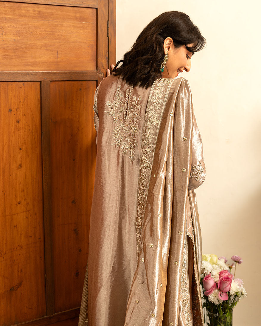 Uswah, made by MAIRAZ — back view showing the shirt embroidery and draped dupatta