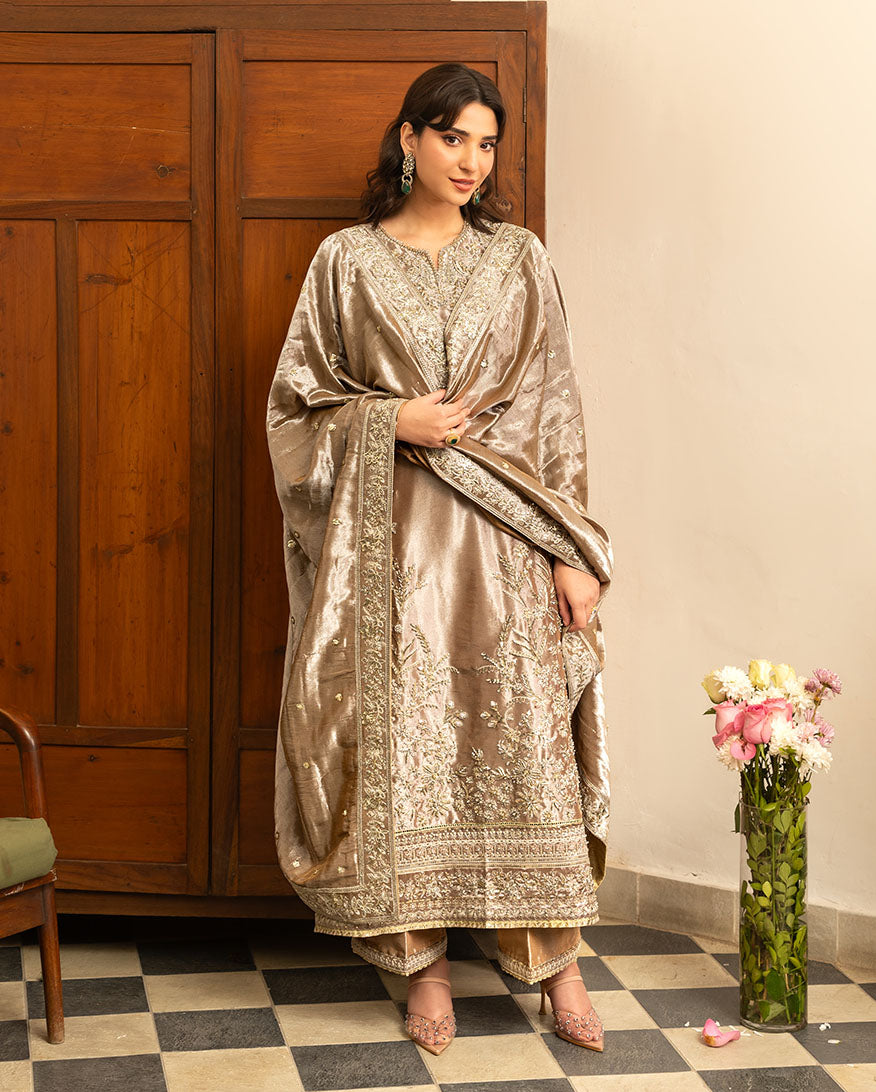 Uswah, made by MAIRAZ — full-length view with the embellished dupatta wrapped around the shoulders