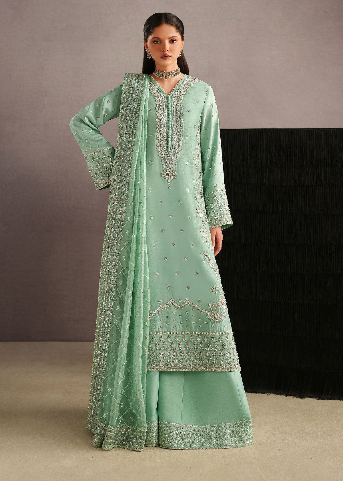Zahraa light green sharara suit, reference outfit photograph 1 — Made by Mairaz reproduction