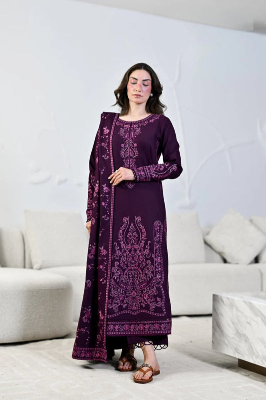 Zaib, made by MAIRAZ — full-length front view of the purple embroidered shirt, shawl and trousers