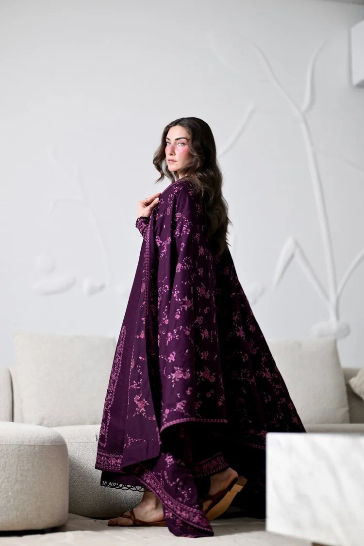 Zaib, made by MAIRAZ — side view with the embroidered shawl spread across the shoulders