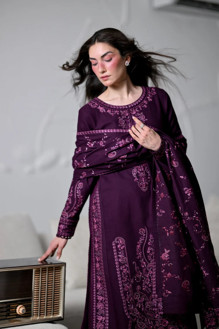 Zaib, made by MAIRAZ — front portrait showing neckline embroidery and shawl motifs