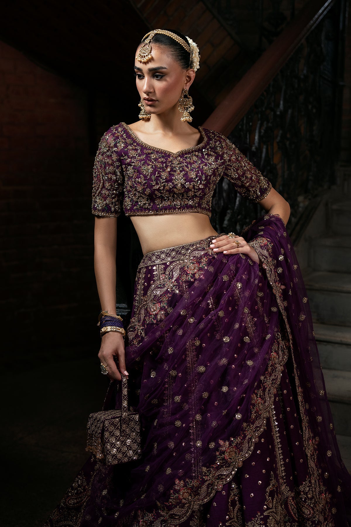 Zarnoor, made by MAIRAZ — deep purple lehenga choli, blouse and sleeve embroidery detail