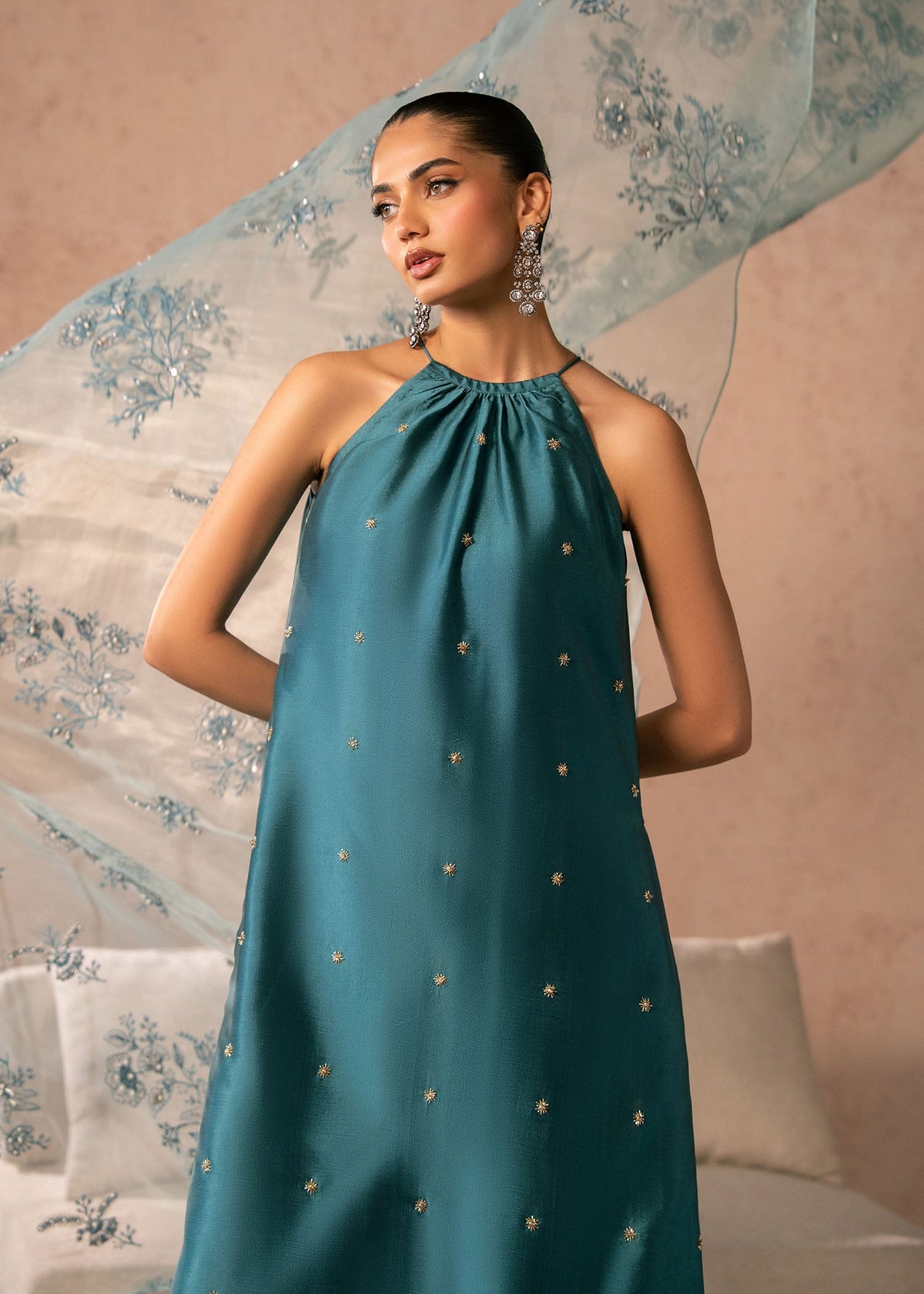 Zenia teal blue shirt suit, reference outfit photograph 2 — Made by Mairaz reproduction