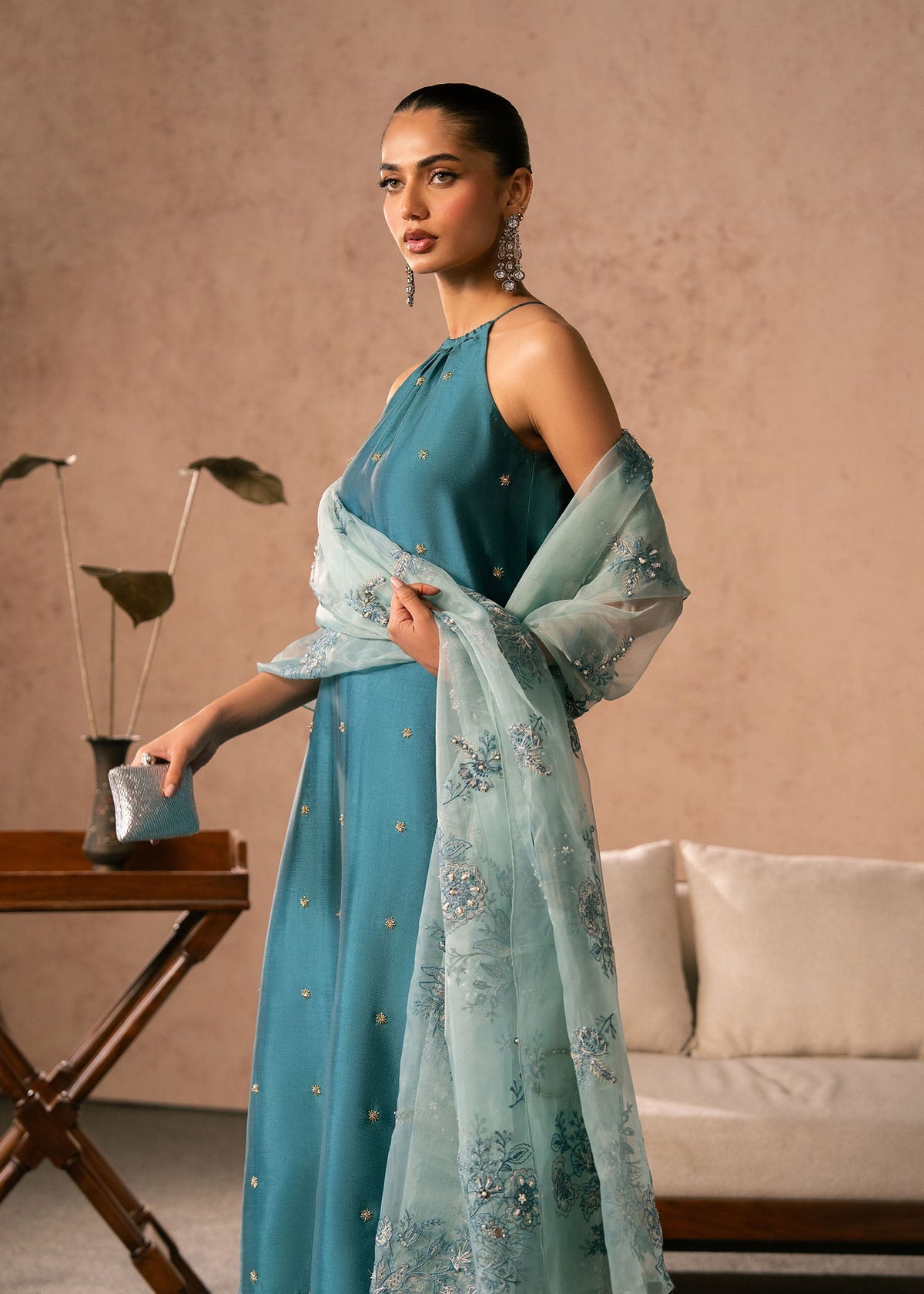Zenia teal blue shirt suit, reference outfit photograph 6 — Made by Mairaz reproduction