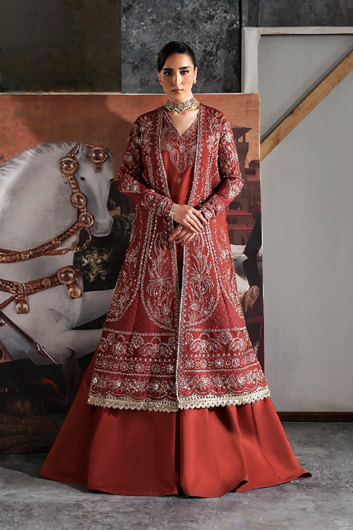 Amorette rust red long shirt and skirt, reference outfit photograph 1 — Made by Mairaz reproduction