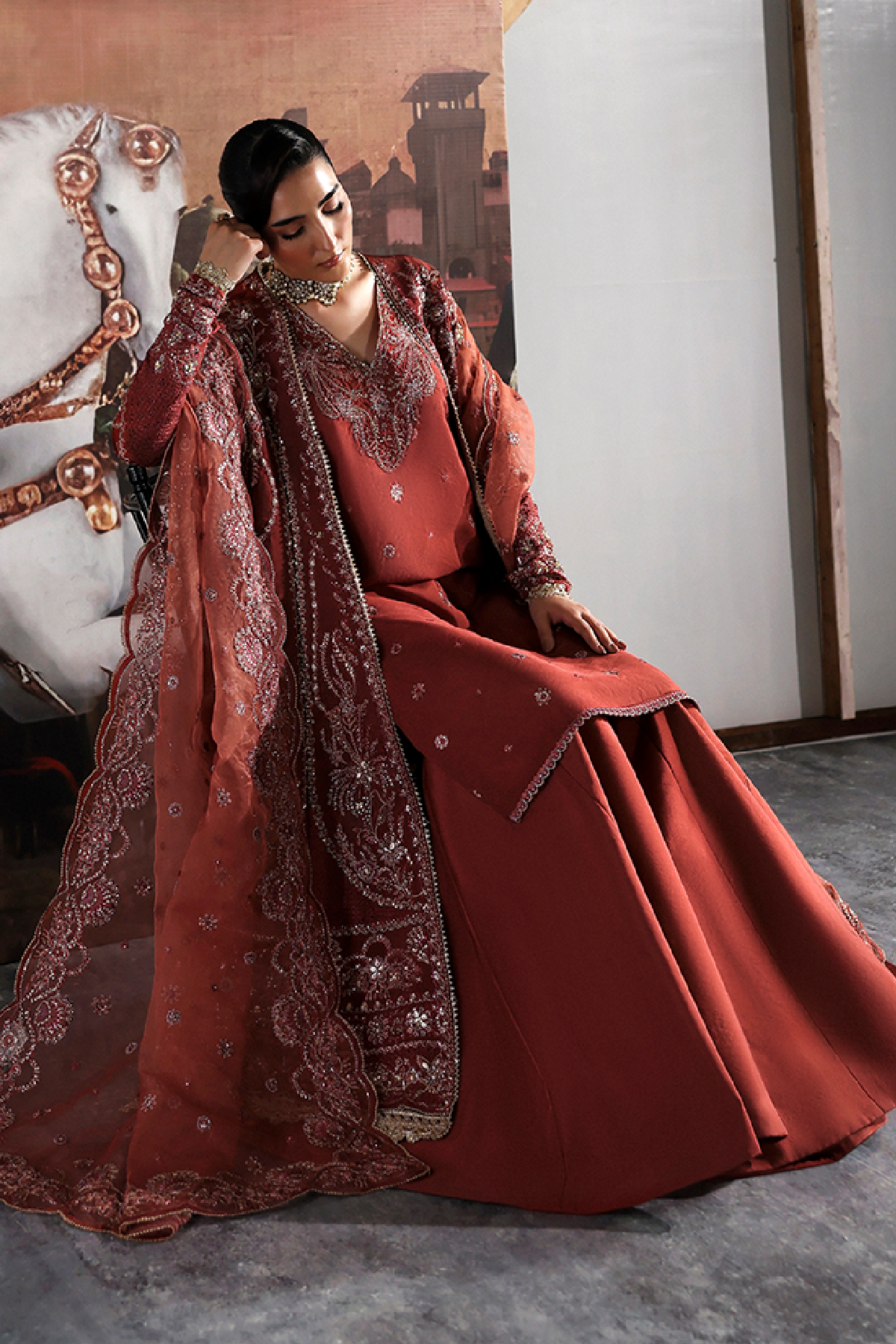 Amorette rust red long shirt and skirt, reference outfit photograph 3 — Made by Mairaz reproduction
