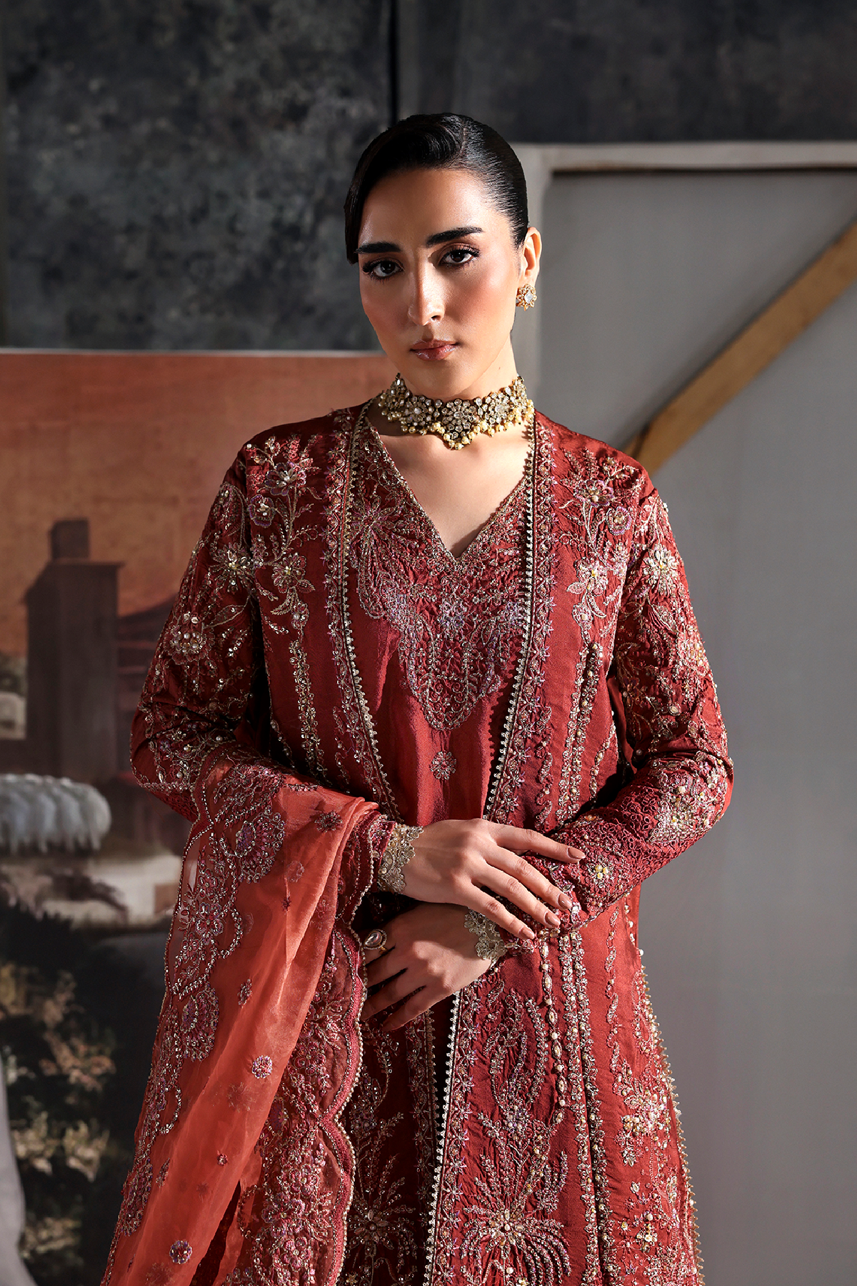 Amorette rust red long shirt and skirt, reference outfit photograph 5 — Made by Mairaz reproduction