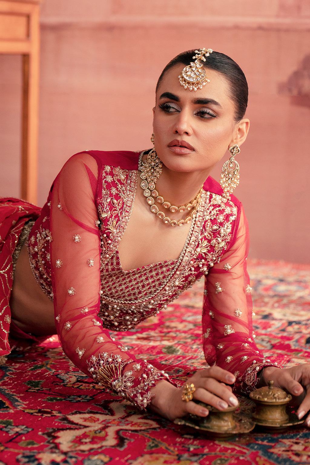 Anarkali red lehenga choli, reference outfit photograph 4 — Made by Mairaz reproduction