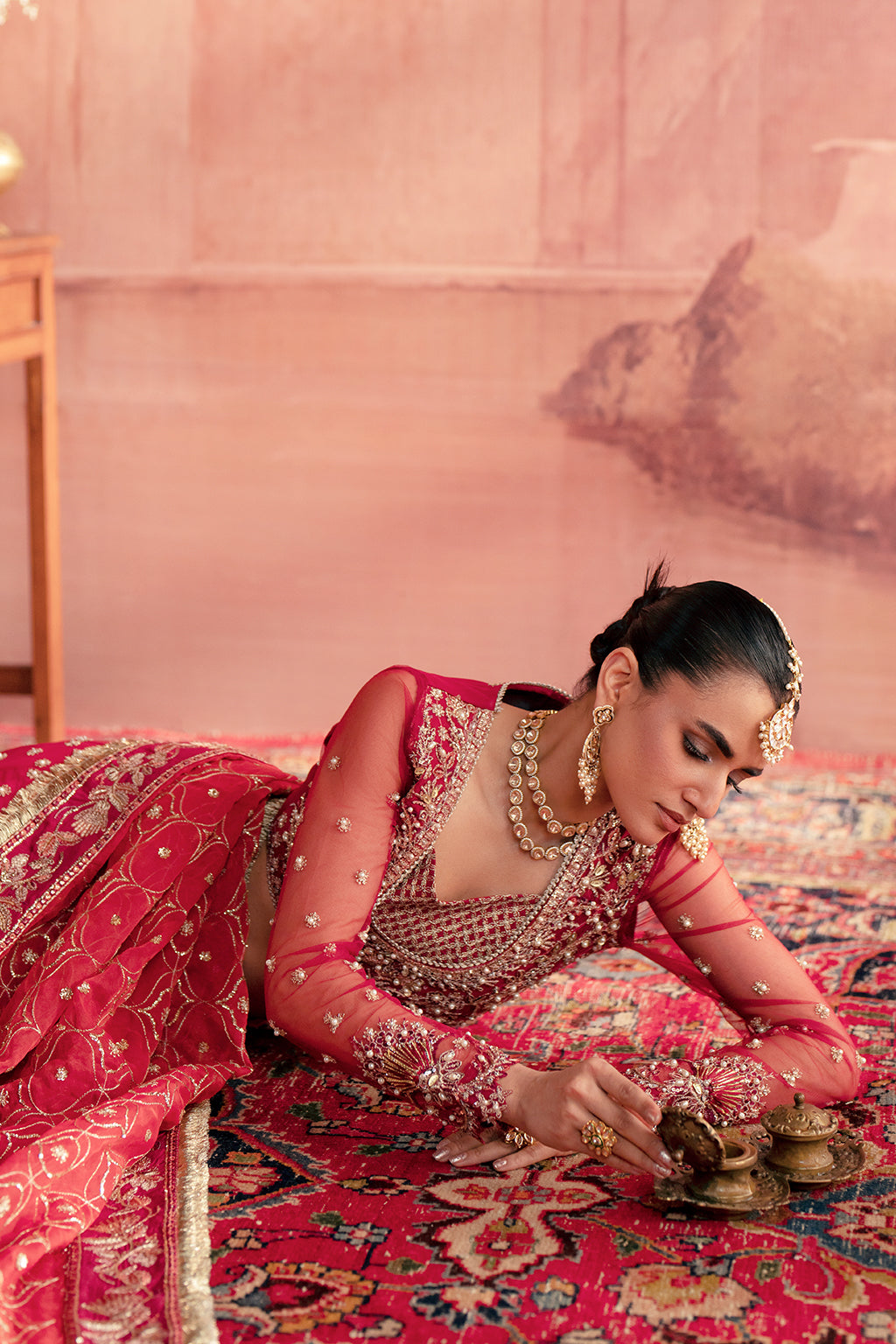 Anarkali red lehenga choli, reference outfit photograph 8 — Made by Mairaz reproduction