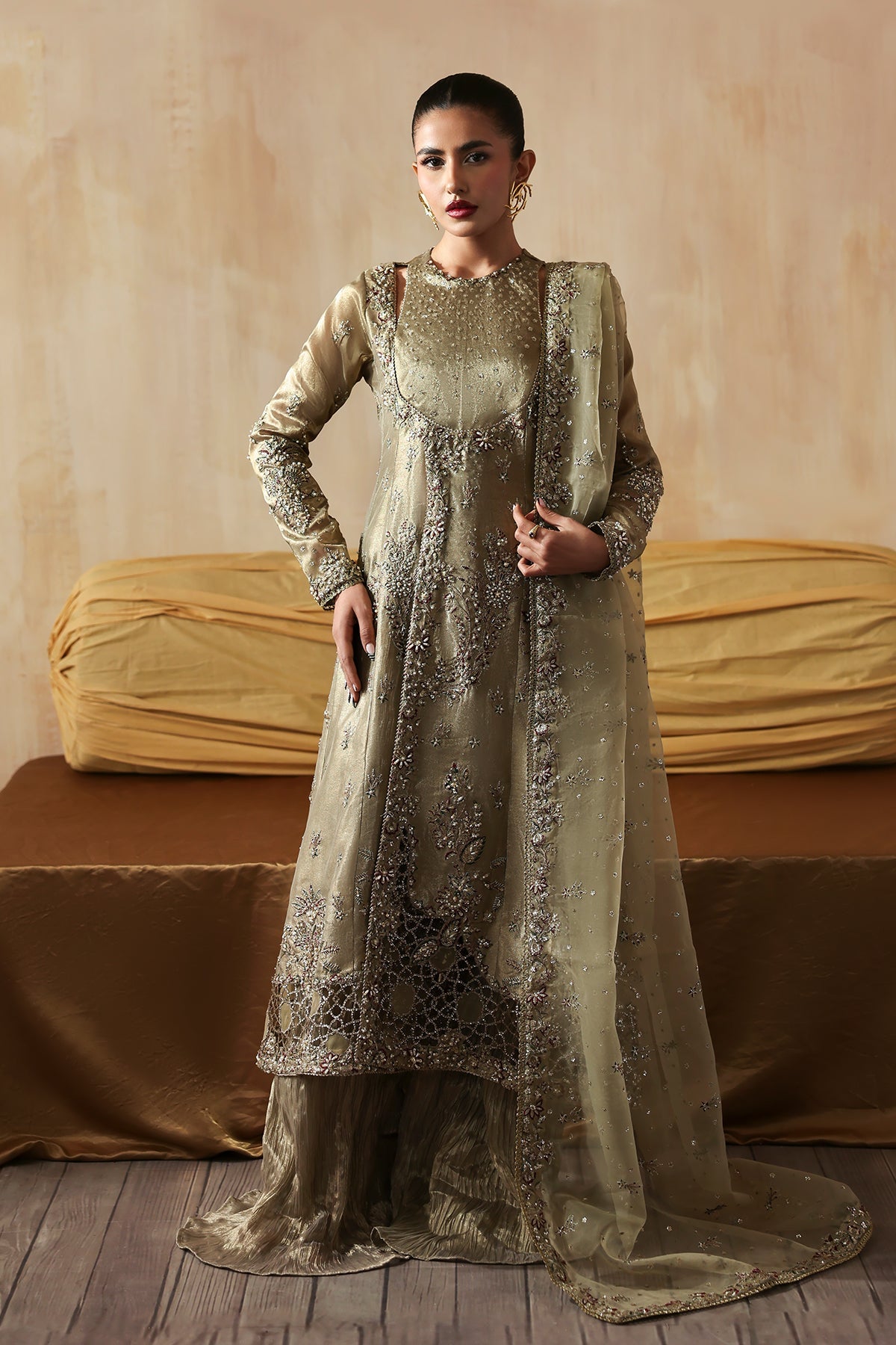 Areezah sage green shirt and wide-leg trousers, reference outfit photograph 1 — Made by Mairaz reproduction