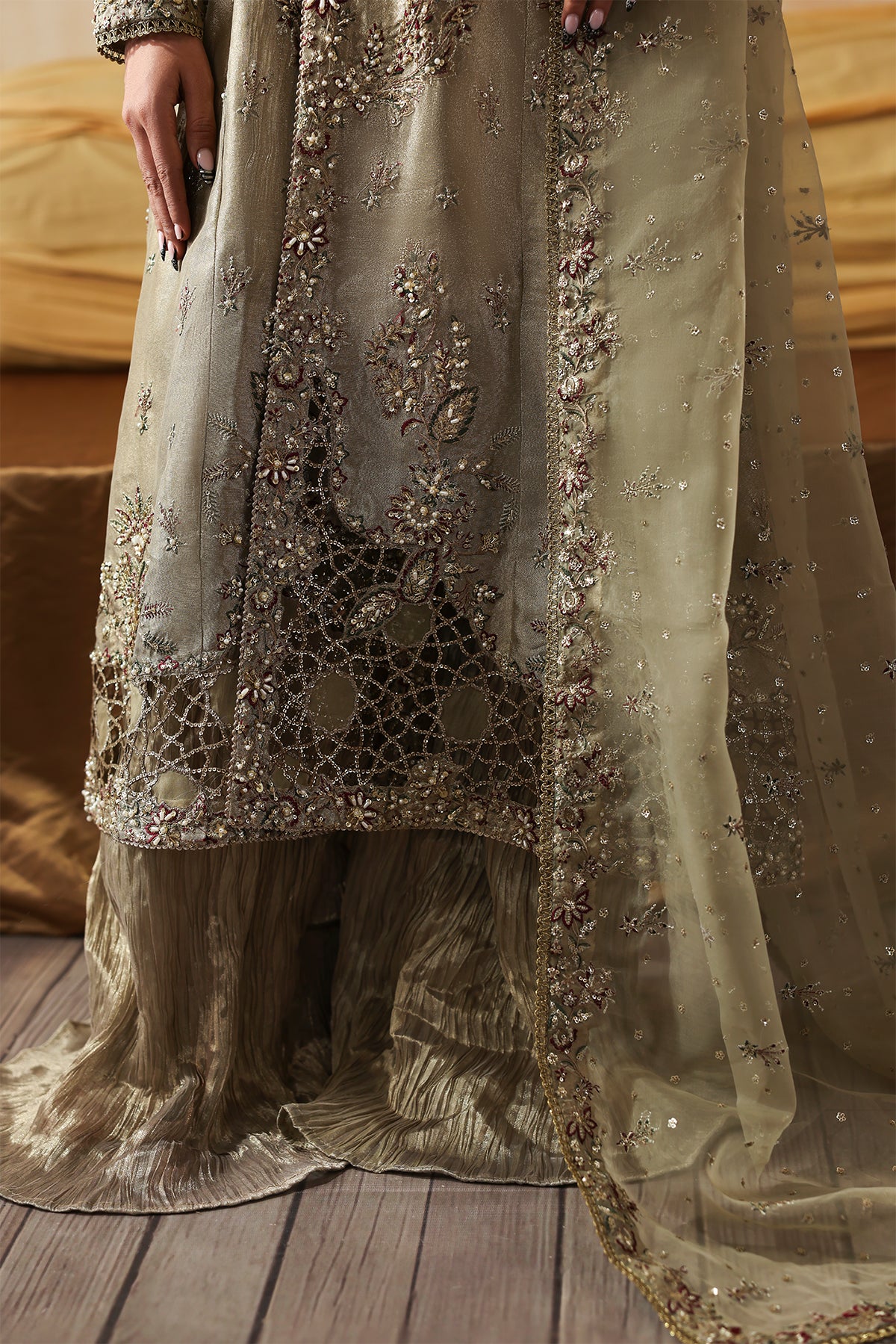 Areezah sage green shirt and wide-leg trousers, reference outfit photograph 3 — Made by Mairaz reproduction