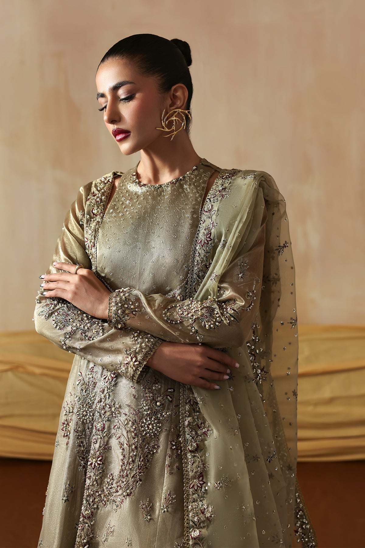 Areezah sage green shirt and wide-leg trousers, reference outfit photograph 4 — Made by Mairaz reproduction