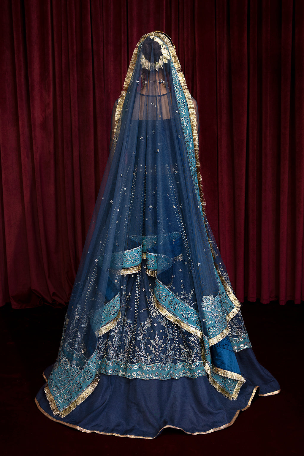Azria navy blue lehenga ensemble, reference outfit photograph 2 — Made by Mairaz reproduction