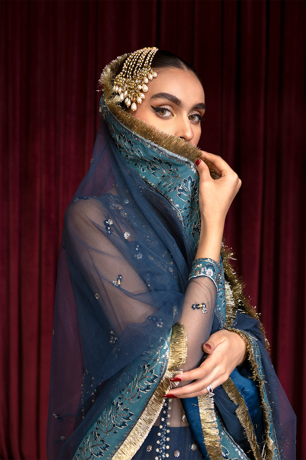 Azria navy blue lehenga ensemble, reference outfit photograph 3 — Made by Mairaz reproduction
