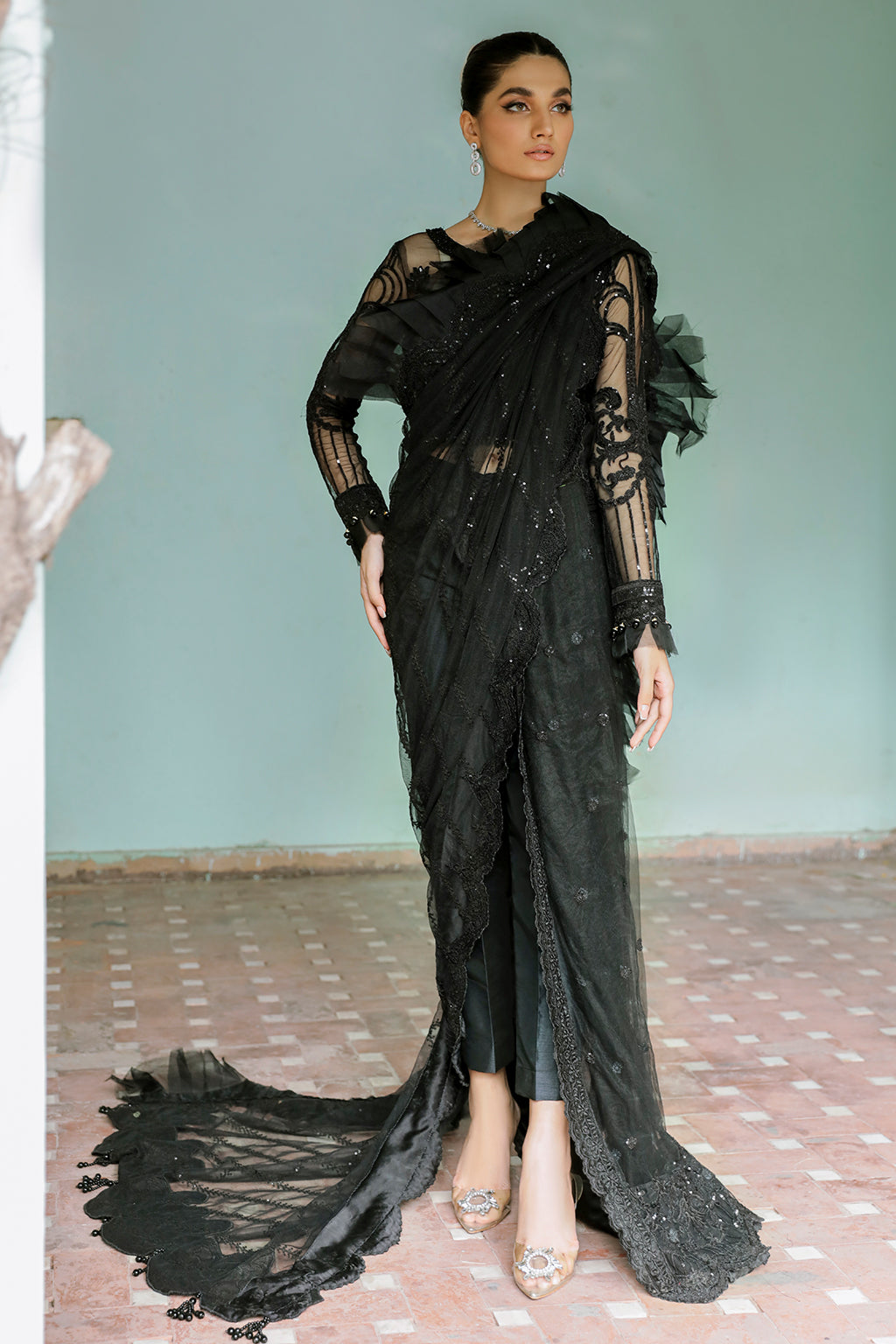 Canna black saree, reference outfit photograph 1 — Made by Mairaz reproduction