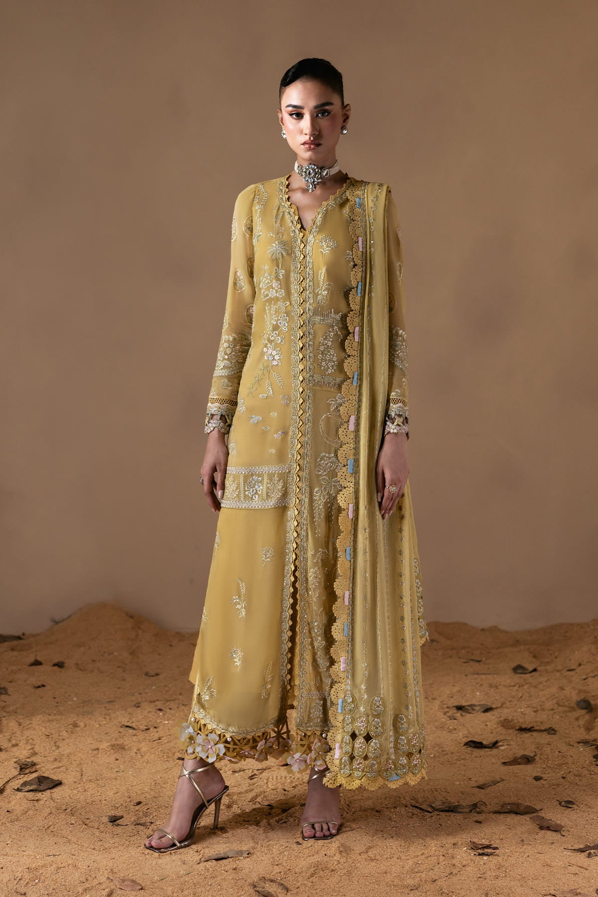 Cymelle mustard yellow shirt and trousers, reference outfit photograph 1 — Made by Mairaz reproduction