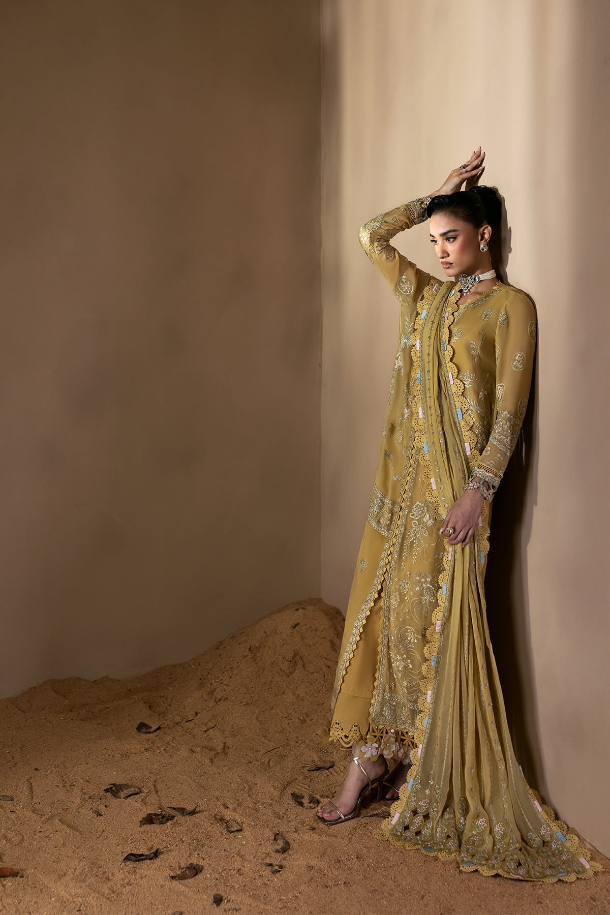 Cymelle mustard yellow shirt and trousers, reference outfit photograph 2 — Made by Mairaz reproduction
