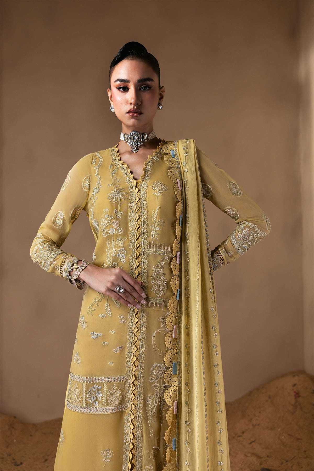 Cymelle mustard yellow shirt and trousers, reference outfit photograph 3 — Made by Mairaz reproduction