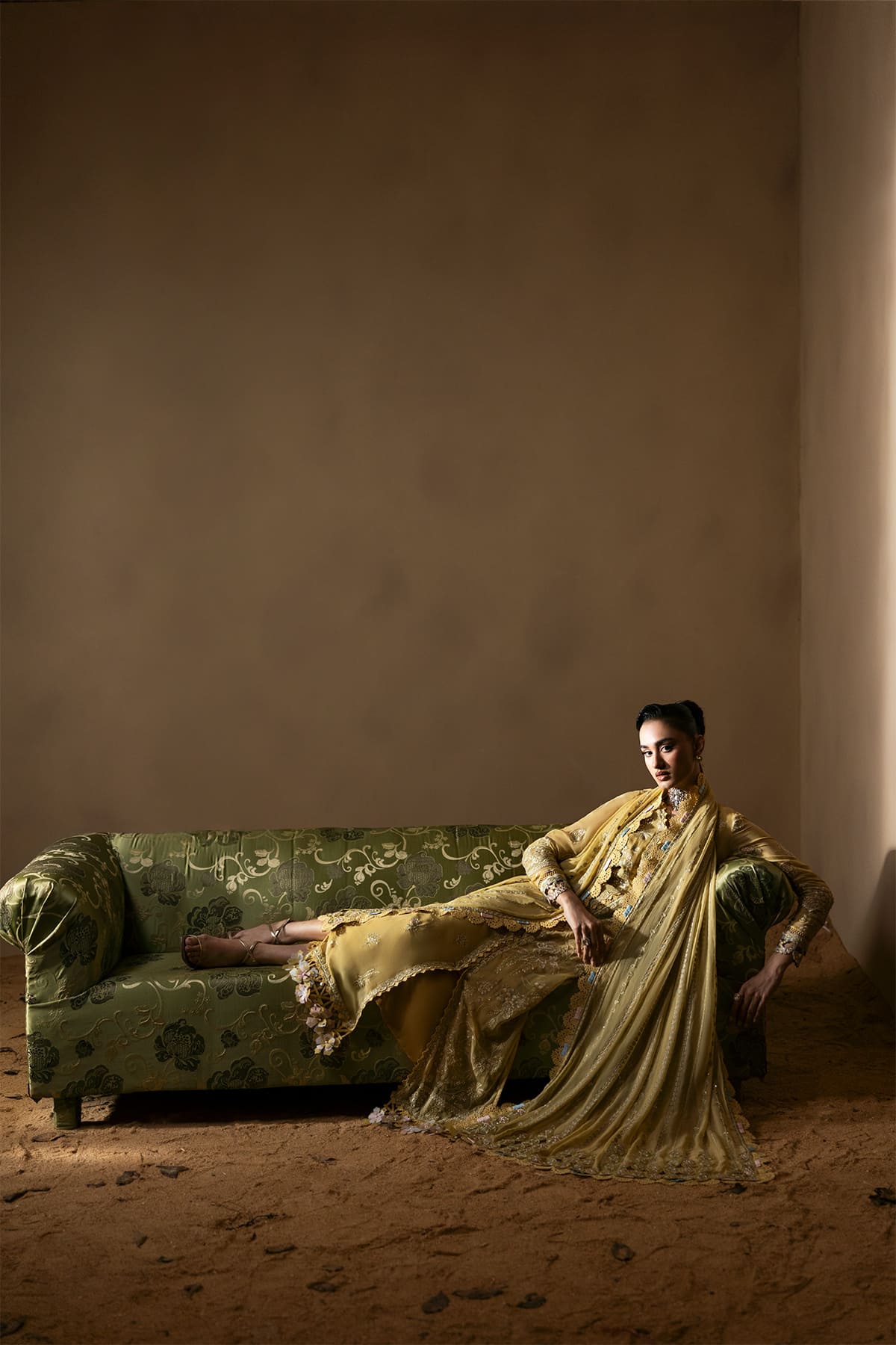 Cymelle mustard yellow shirt and trousers, reference outfit photograph 4 — Made by Mairaz reproduction