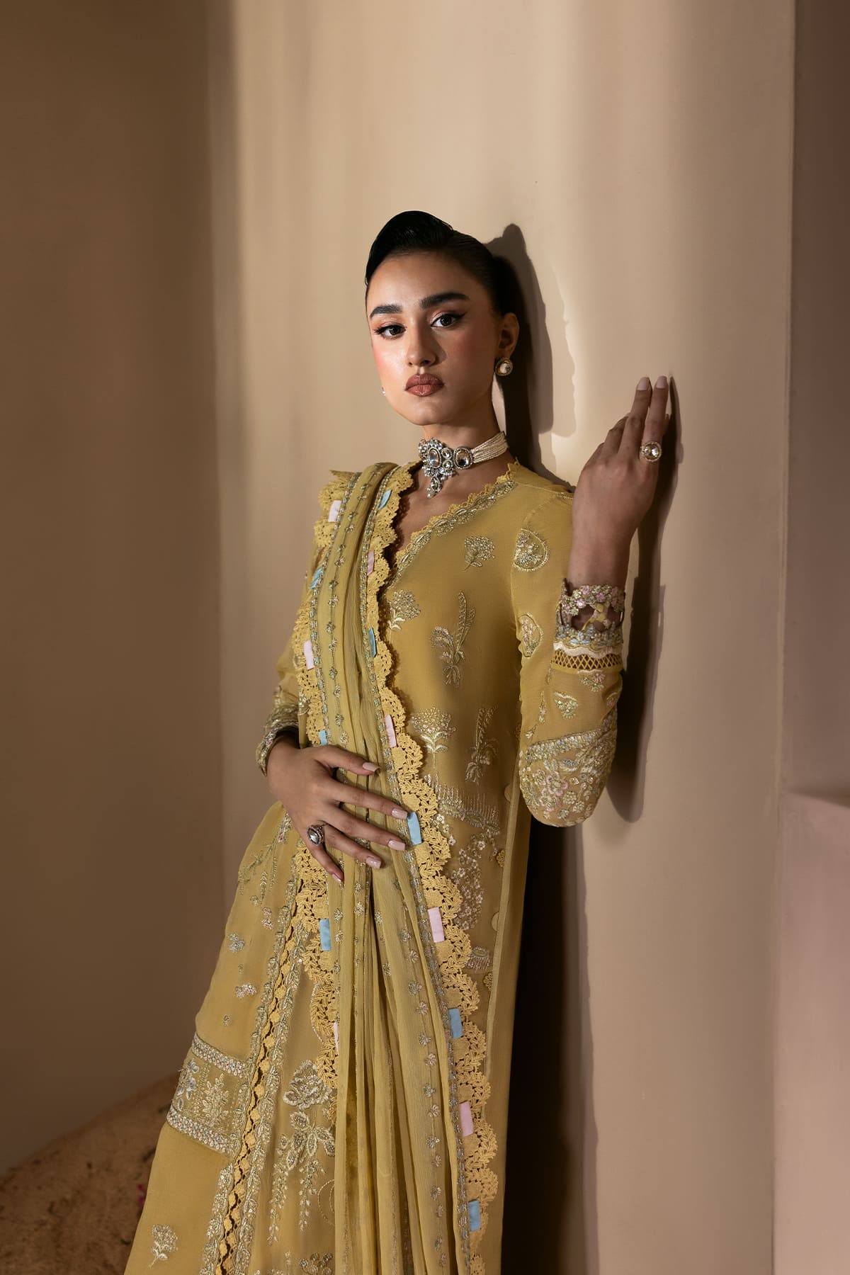 Cymelle mustard yellow shirt and trousers, reference outfit photograph 5 — Made by Mairaz reproduction